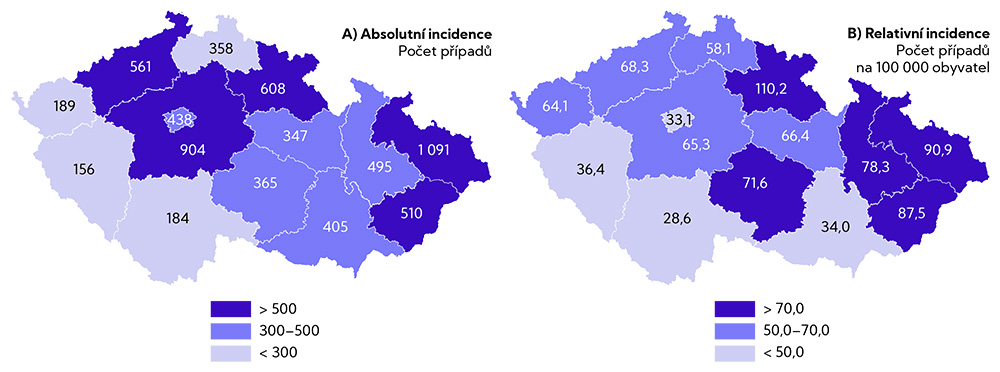 Porovnání absolutní a relativní incidence onemocnění COVID-19 v krajích ČR